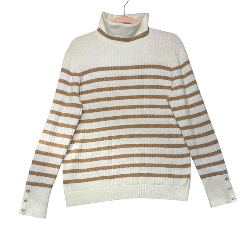 Talbots Womens Large Ivory Gold Metallic Striped Ribbed Turtleneck Sweater L